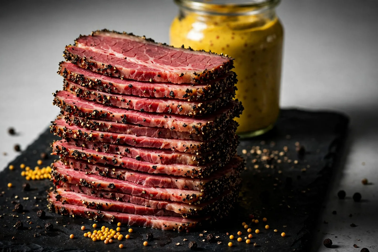 Sliced pastrami on a board
