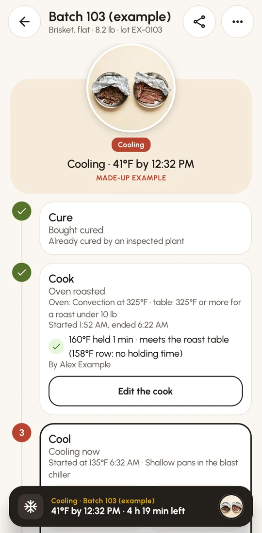 A batch record in Batch Log: the cure, the cook checked against the roast table and the cooling stages
