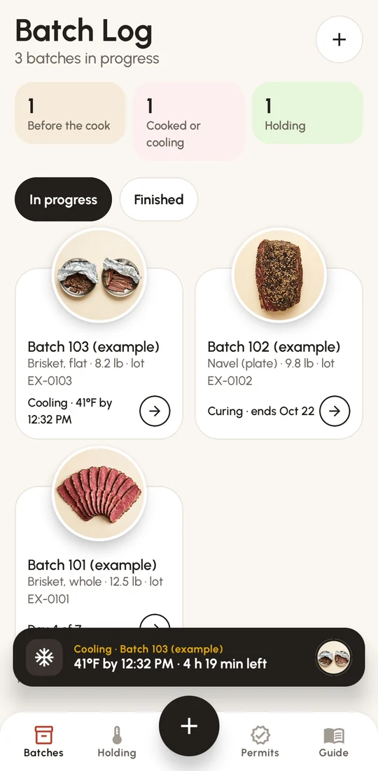 Batch Log: the batches in progress as round photo cards, with the floating cooling bar and the dock