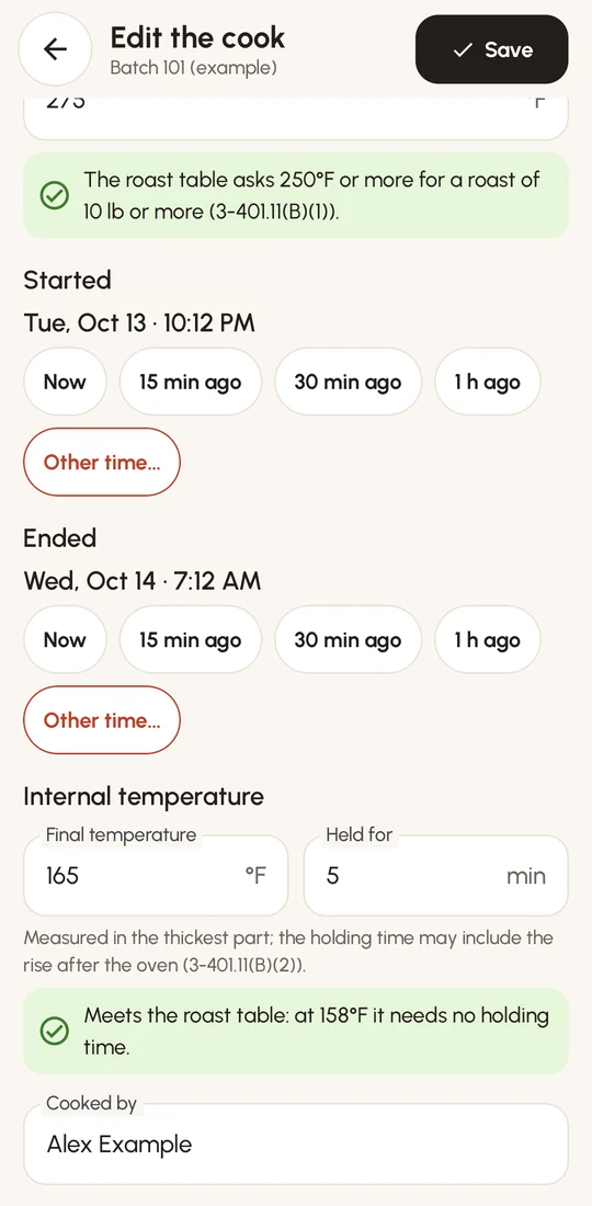Recording a cook in Batch Log: the final temperature checked against the roast table as it is typed