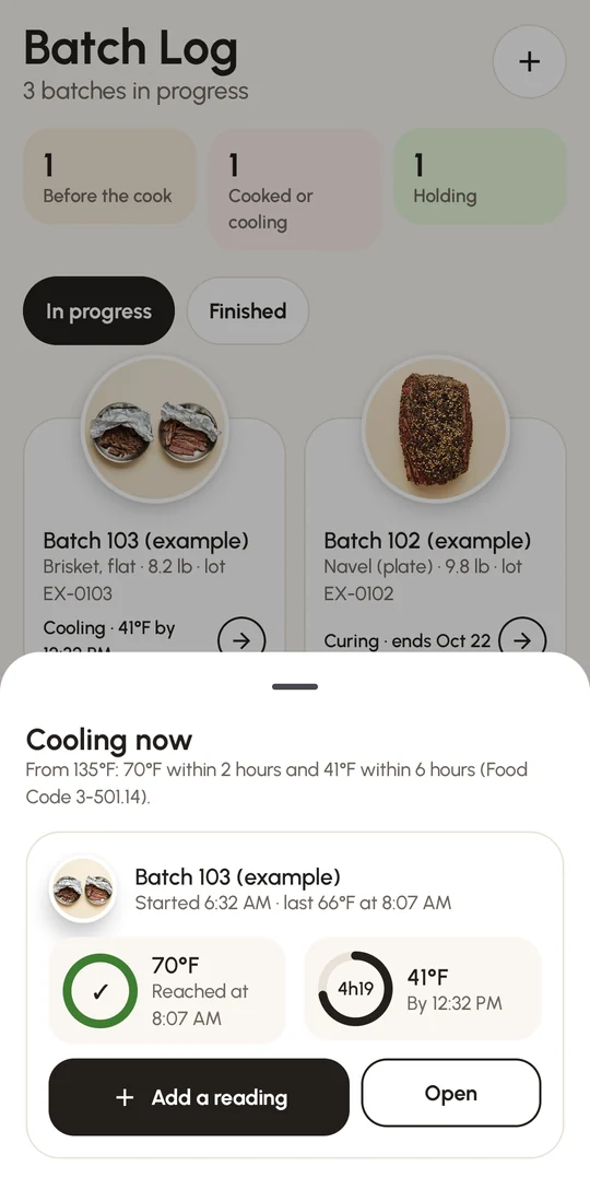 The cooling sheet in Batch Log: two timers, 70°F within 2 hours and 41°F within 6 hours