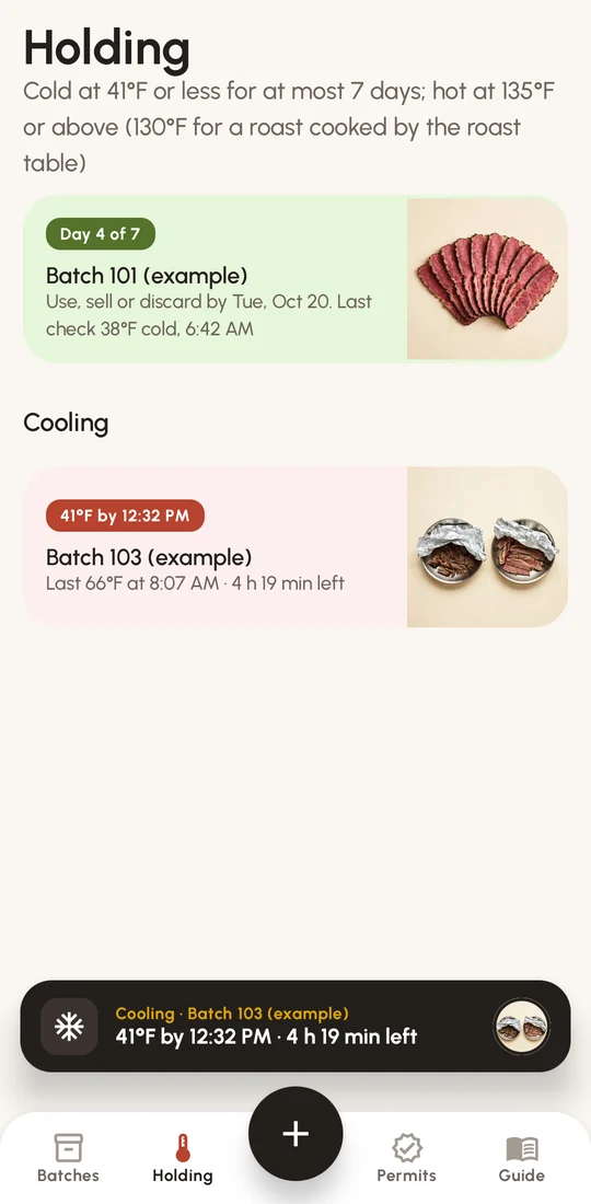 The Holding tab in Batch Log: a batch on day 4 of 7 and a batch still cooling