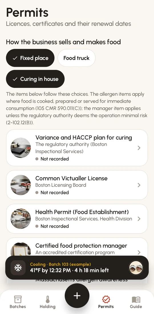 The Permits tab in Batch Log: the licences and certificates chosen for a fixed place that cures in house